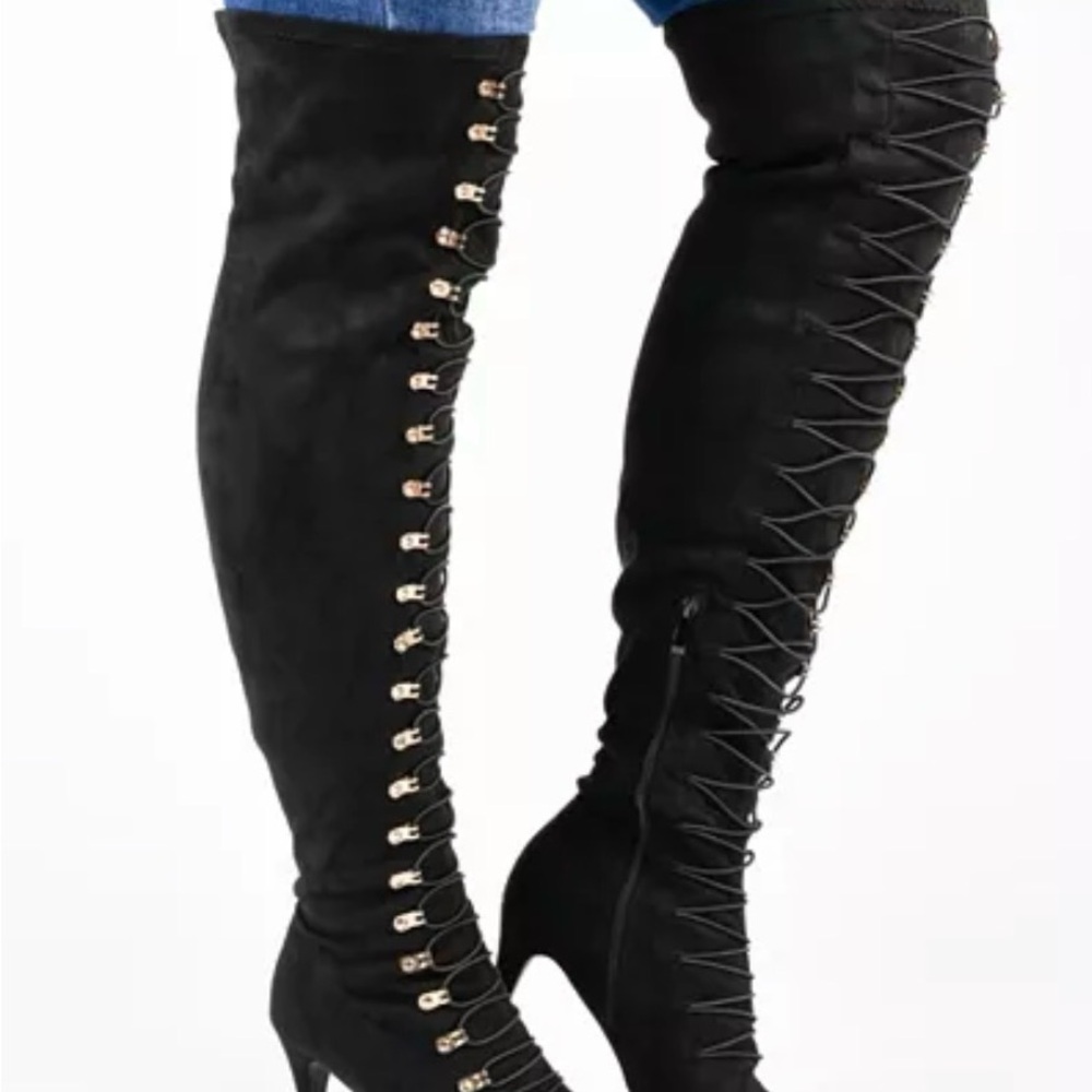 Journee Collection Black Lace-Up Over-the-Knee Boots